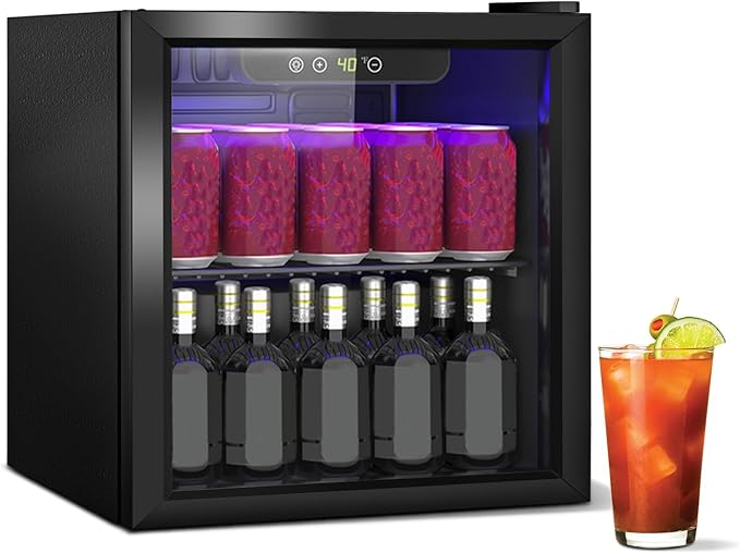 Beverage Refrigerator Cooler, 60 Can Mini Fridge Glass Door for Drinks Soda, Beer, or Wine - Small Refrigerator for Office Bedroom Home Bar, Adjustable Shelves, 1.3 Cu.Ft, Black