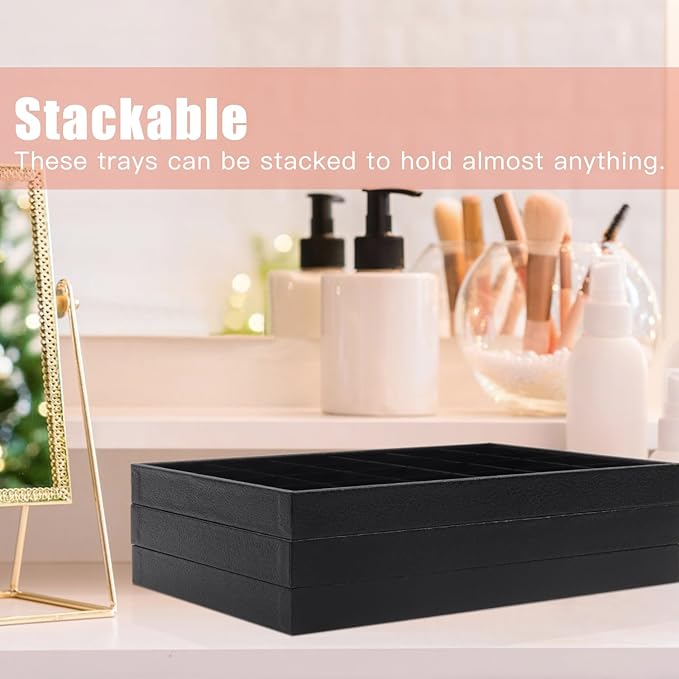 Rocutus Jewelry Trays,3 Pack Stackable Velvet Jewelry Organizer Tray Drawer Jewelry Storage Tray,Divided Ring Organizer Tray for Earrings, Necklaces, Bracelets,13.8"x9.5"x1.2" (Black)