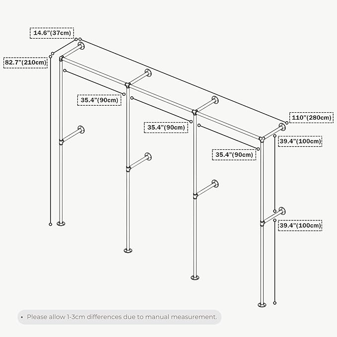 Industrial Pipe Clothing Rack, Heavy Duty Wall Mounted Clothes Rack, Retail Display Hanging Garment Rod for Laundry Rooms, Closet Storage 14.6x110x82.7 Inches, Model K07