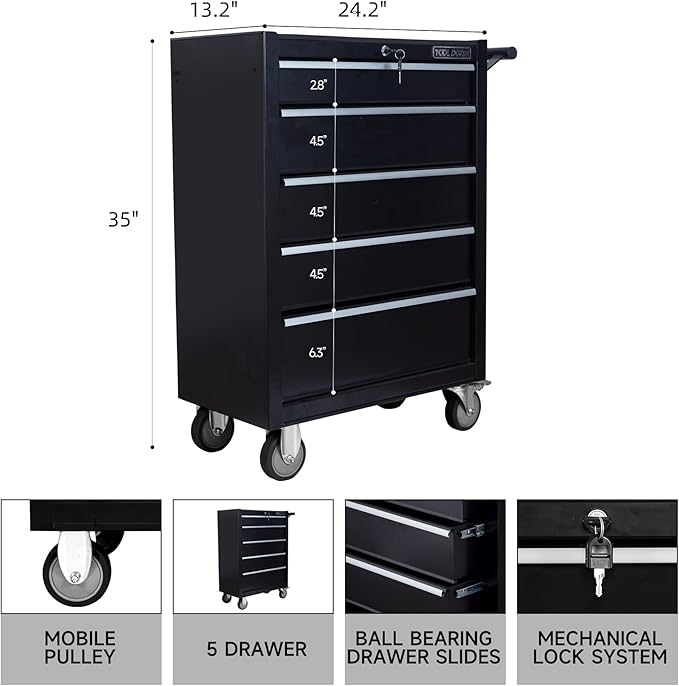 5-Drawer Rolling Tool Chest with Lock & Key, Tool Storage Cabinet with Wheels,35"x 24.2"x 13.2" Tool Organizer Box for Garage, Warehouse & Repair Shop