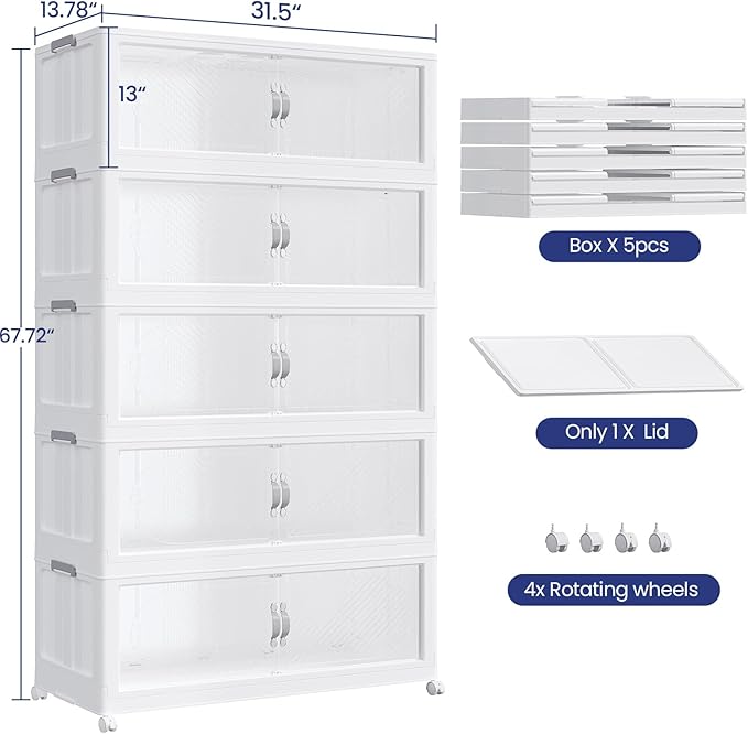 800QT Extra Large Stackable Storage Bins with Lid & Wheels & Doors, 200Gal Foldable Collapsible Closet Organizers, Plastic Cabinet Box Container Drawer for Home Kitchen Bedroom, 5Pack White