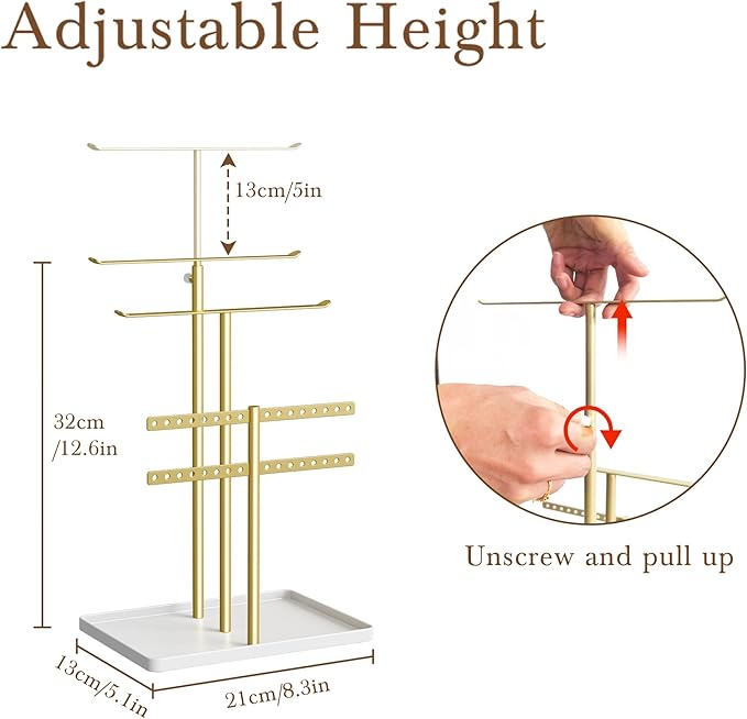 Jewelry Holder Organizer Stand - Adjustable Jewelry Tree 17.5" Height (Max), Jewlery Hanger for Necklaces, Bracelets, Earrings, Aesthetic for Storage and Display, Metal, Gold and White