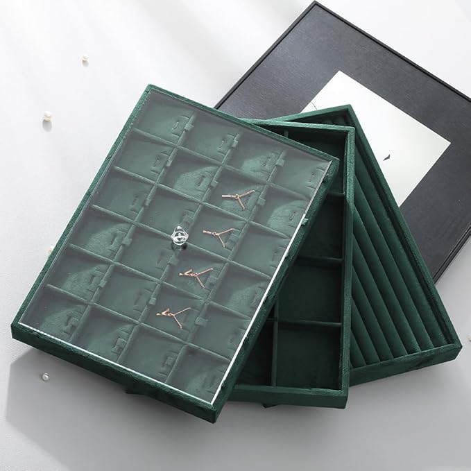 Velvet Necklace Display Tray, Stackable 24 Grid Insert Pendant Necklaces Storage Holder Plate, Jewelry Retail Countertop Organizer (Green)