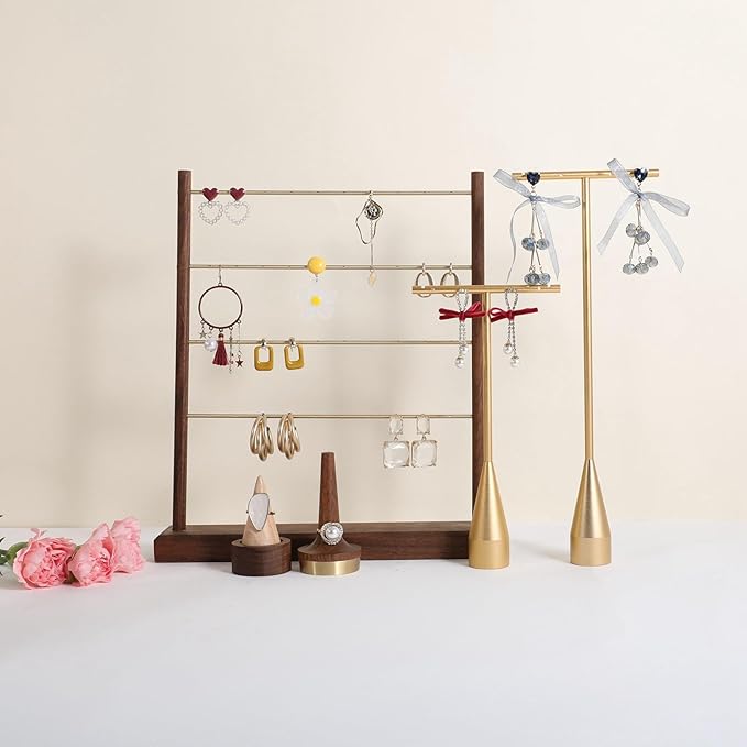 GemeShou 2pcs Gold earring display T bar stand, Big jewelry earring holders for Boutique Store, Jewelry holders high enough for long earring necklace【Gold-2pcs Height 7.9"and 11"-long horizontal bar】