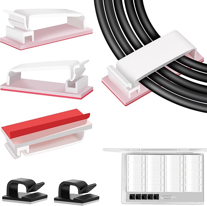 50 PCS Under Table Cable Management Clips White, Large Cable Clips for Computer Desk Cable Wire Management, Adhesive Wire Organizer Clips for Multiple Cord Management (PC, Network, TV, Ethernet)