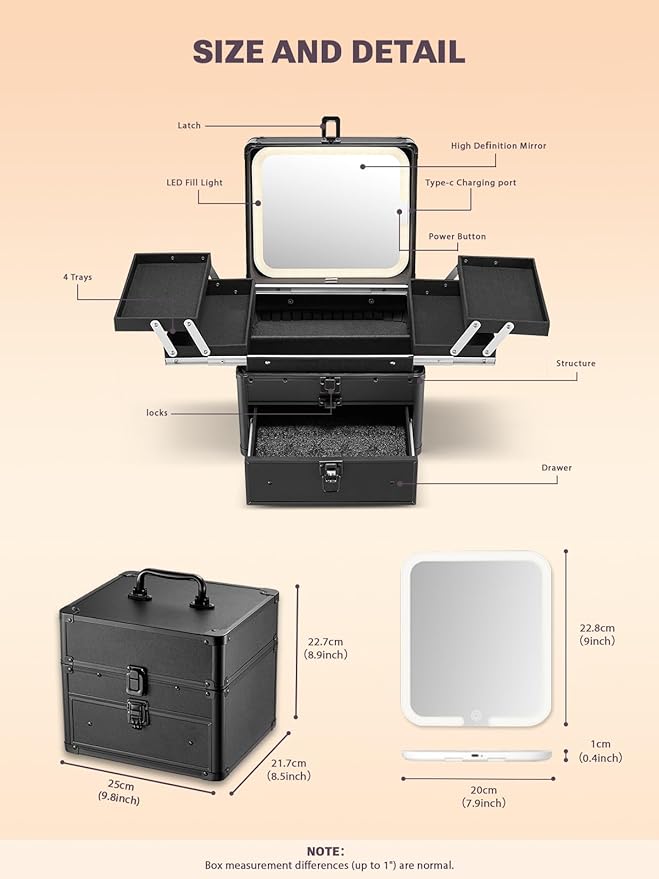 Qislee Makeup Box with Drawer and Four Trays, A Detachable Lighted Mirror, Waterproof Travel Train Case, Cosmetic Organizer and Makeup Suitcase with Magnetic LED Mirror(Black)