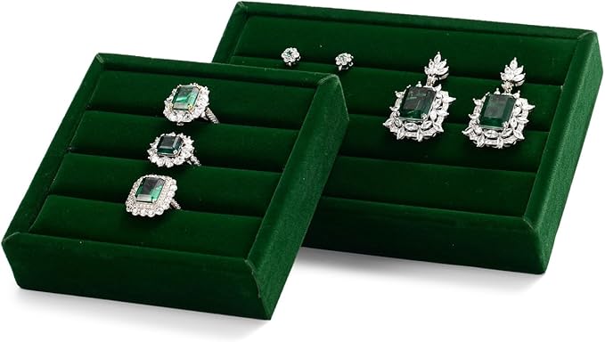 Oirlv 3 Slots Velvet Small Ring Organizer Earrings Trays Showcase Display Storage Insert Holder for Jewelry Box, Drawer, Dresser(Green,M)