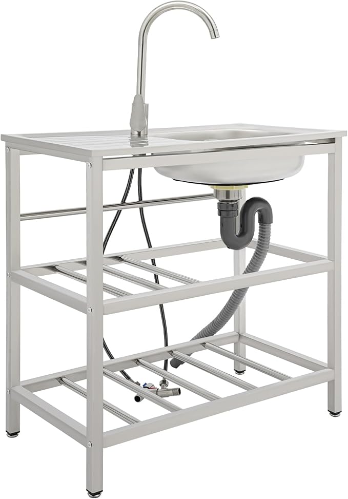 30" Stainless Steel Sink Kitchen Utility Sink with 360° Hot/Cold Faucet Freestanding Workbench 2 Layer Shelf Set for Modern Farmhouse Restaurant Hotel Garage and Laundry Room Outdoor Use
