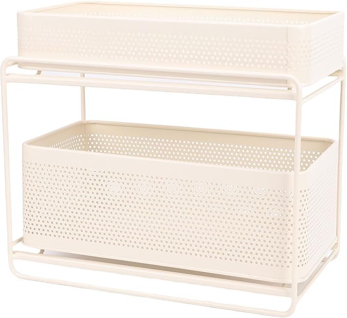 Slide Out Under Sink Organizer, 2 Tier Steel Sink Shelf Cabinet Storage Seasoning Organizer Rack with Guardrails for Kitchen Bathroom Laundry Room Office School