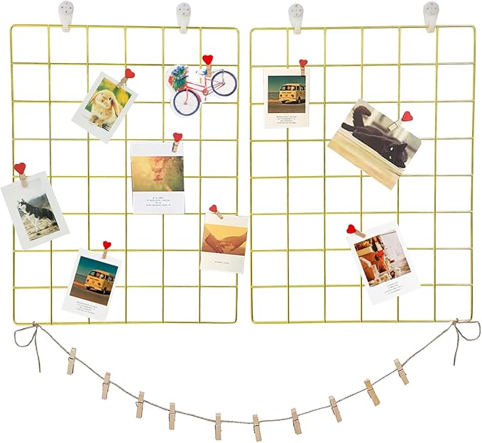 GBYAN Wall Grid 2 Pack Wire Photo Grid Panels Memo Board Wall Organizer(Gold)