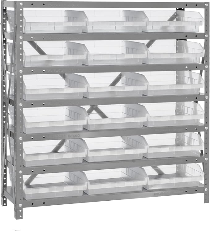 Quantum Storage Systems 1839-110CL Clear-View Sloped Shelving Unit with 4" Shelf Bins, 18 QSB110 Shelf Bins, 18" D x 36" W x 39" H