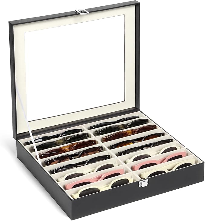 Sunglasses Organizer Case with Adjustable Slots, Eyeglasses Display with Lid, Eyewear Storage Box for Large Glasses
