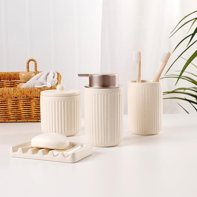 BosilunLife Bathroom Accessories Set - Ceramic Bathroom Set Bathroom Decor Sets Bathroom Counter Lotion Soap Dispenser and Toothbrush Holder Set, Soap Dish, Apothecary Jar (Striped Apricot)