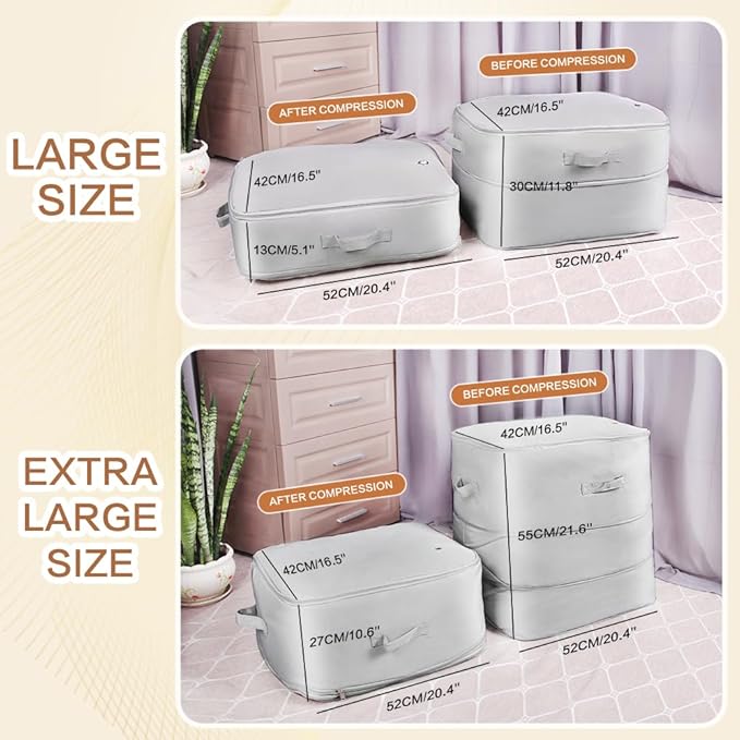 Space saver bag,for quilts, duvets or other fluffy clothing.Measures 21"L x 16.5"W x 11.2"H when unfolded and 21"L x 16.5"W x 4.8"H when compressed.Light Gray