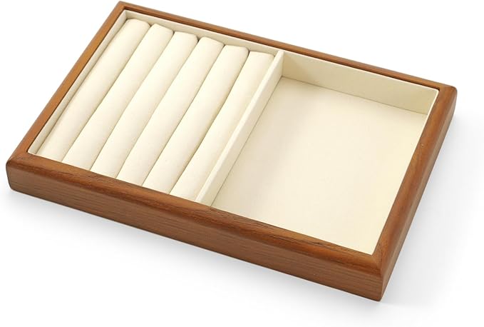 Oirlv Solid Wood Multifunctional Ring Earrings Studs Bangle Jewelry Organizer Tray Jewelry Drawer Organizer(Creamy-white)