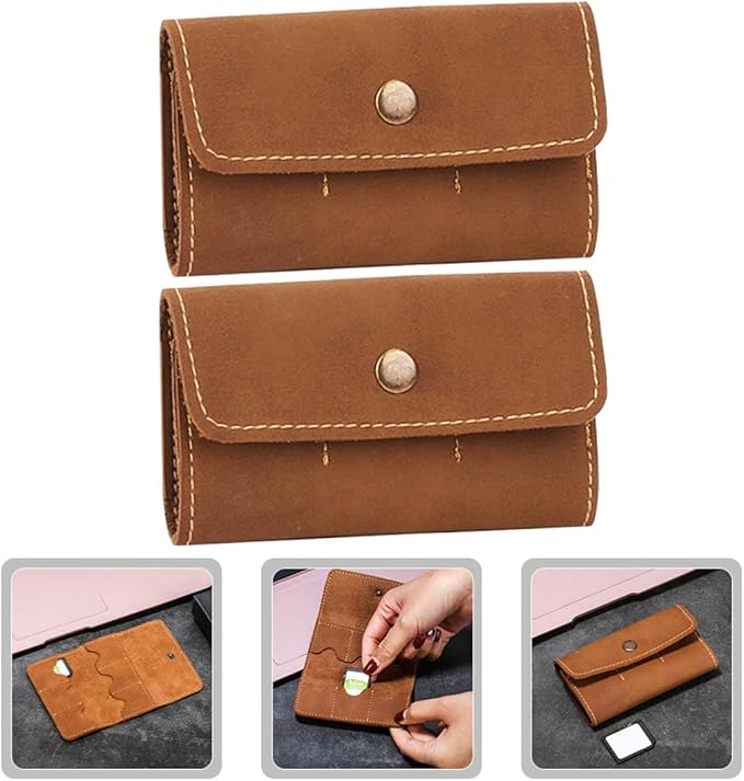 DOITOOL 2pcs Retro PU Memory Card Case Holder Organizer Secure Snap Closure Protective Storage Box for Cards Travel-Friendly Brown (2pcs)