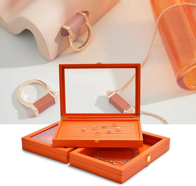 Oirlv Premium Leather Necklace Bracelet Organizer Tray with Acrylic Lid Jewelry Display Case Drawer Insert Jewelry Organizer for women