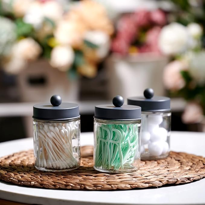 Amolliar Apothecary Jars Bathroom Storage Organizer - Cute Qtip Dispenser Holder Vanity Canister Jar Glass with Lid for Cotton Swabs,Rounds,Bath Salts,Makeup Sponges,Hair Accessories/Grey（2 Pack）