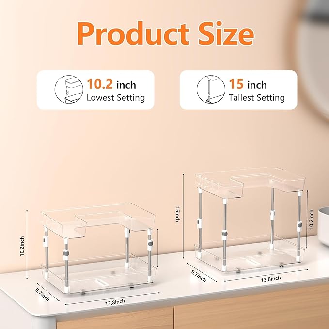 2 Tier Lazy Susan Organizer with 4 Hooks, 15" 2-Tier Lazy Susan Turntable for Cabinet, Counter Organizer Tray for Kitchen, Bathroom