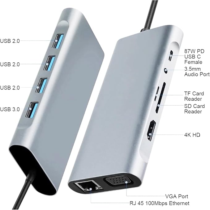 USB C Laptop Docking Station 11 in 1 Type-C Hub with HDMI,Ethernet,4 USB,VGA,SD TF Card Reader,Audio,PD Compatible with iPhone16/MacBook/Dell/Surface/HP/Lenovo and Other Type C Laptops