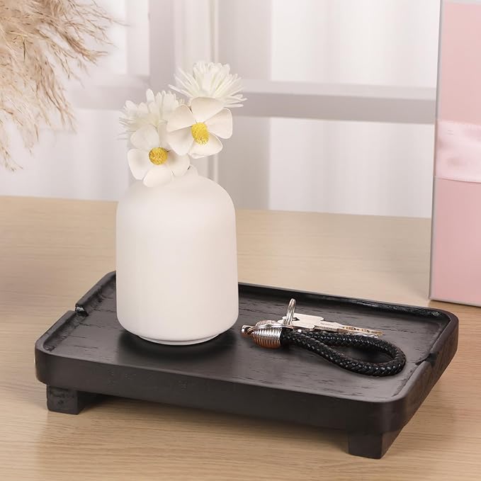 Wood Riser Small Decorative Tray Sink Soap Dish, Vanity Tray Pedestal Stand 9 x 5.9 inches (Black)