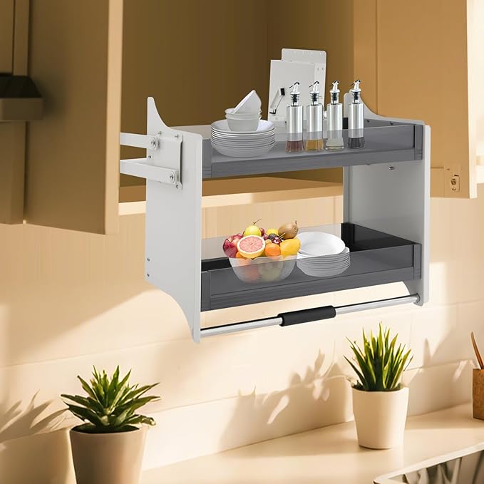 2 Tier Kitchen Cabinet Pull Down Shelf Storage, Pull-down Shelf for Kitchen Upper Cabinets, Upper Cabinet Pull Down Spice Racks for Kitchens, Living Rooms