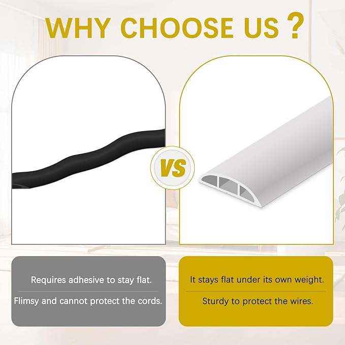 Floor Cord Cover 3.3FT Cord Covers for Wires on Floor Protect Wires & Prevent Trip Hazards, Easy to Cut for Home, Office, School, Concerts, Cavity W0.6in x H0.32in