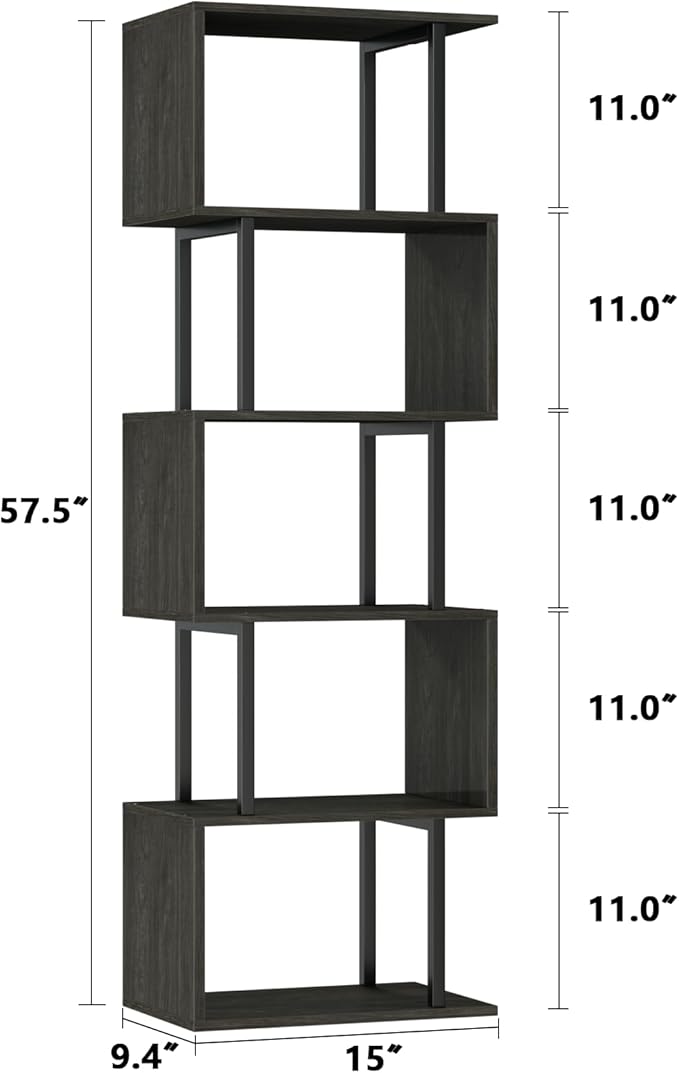 Furologee 6 Tier Bookshelf Tall Geometric Bookcase, S Shaped Industrial Display Standing Shelf, Metal and Wood Decorative Storage Room Divider Rack for Bedroom, Living Room, Office, Light Black Oak