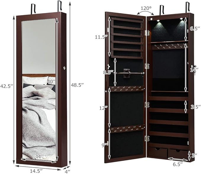 Giantex Jewelry Armoire Wall Door Mounted, Lockable Jewelry Cabinet with 42.5'' Full Length Mirror, 2 LEDs Jewelry Organizer Box with 2 Drawers, Mirror with Jewelry Storage (Espresso)