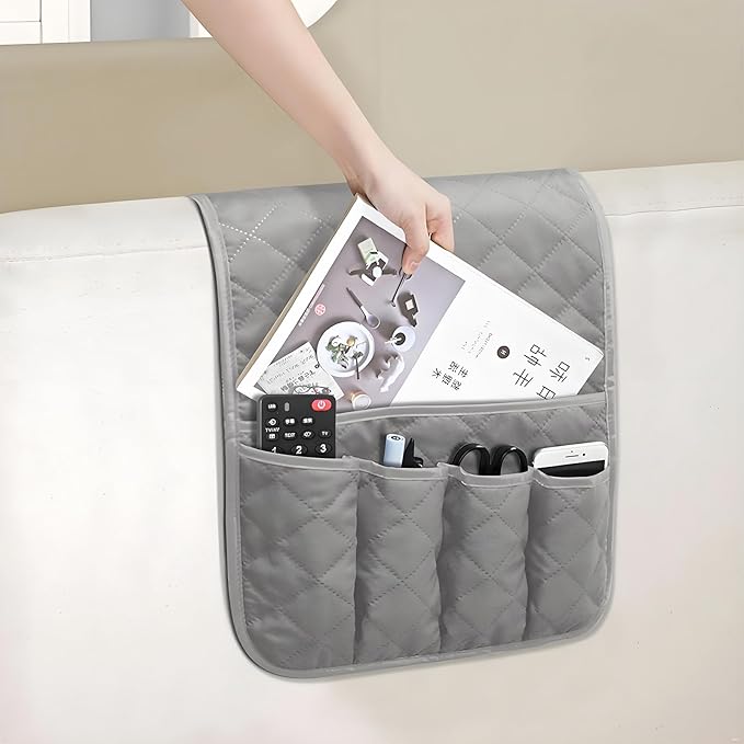 Sofa Armrest Organizer Non-Slip Arm Chair Bedside Caddy Storage Organizer for Recliner Couch with 5 Pockets for Cell Phone TV Remote Control Magazines(LIGHT GRAY)