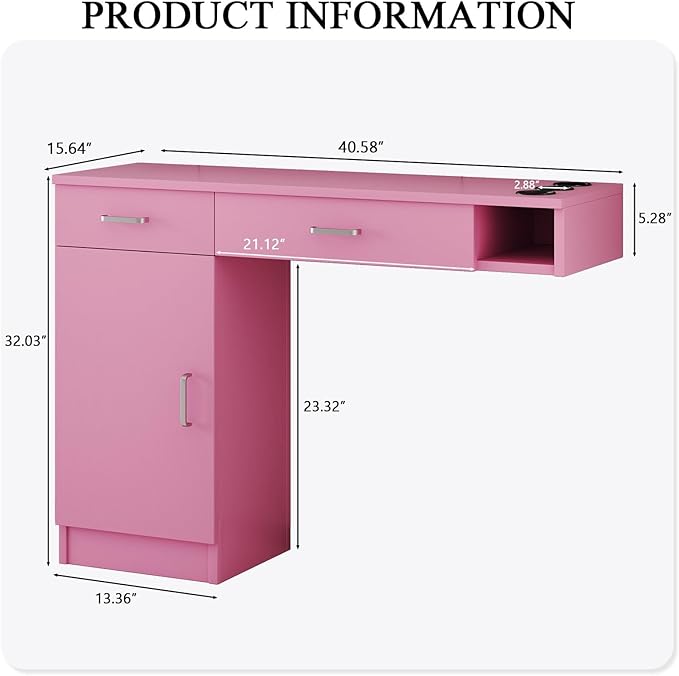 4ever2buy Salon Stations for Hair Stylist, Wall Mount Barber Station with Barber Cabinet, Hair Station Equipment Hair Dryer Holder, Drawers, Mirror not Included, Pink
