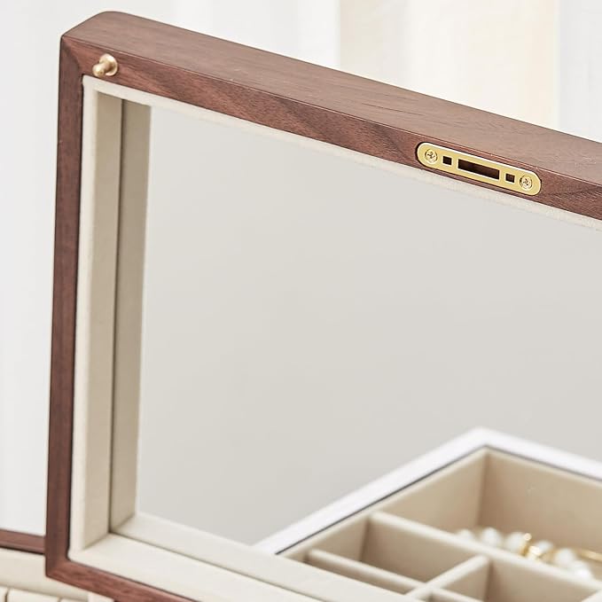 CHOSIN Black Walnut Wooden Jewelry Box for Women with Mirror, 5 Drawers and 2 Side Doors for Watches, Necklaces, Rings, Earrings Storage Christmas Gifts