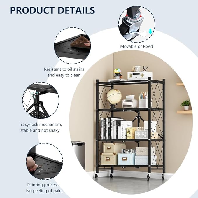 Foldable 4-Tier Metal Storage Shelf with Locking Wheels, Pre-Assembled Rolling Rack for Easy Setup, Space-Saving Organizer for Kitchen, Pantry, and Closet, 28.54" L x 14.17" W x 46.06" H