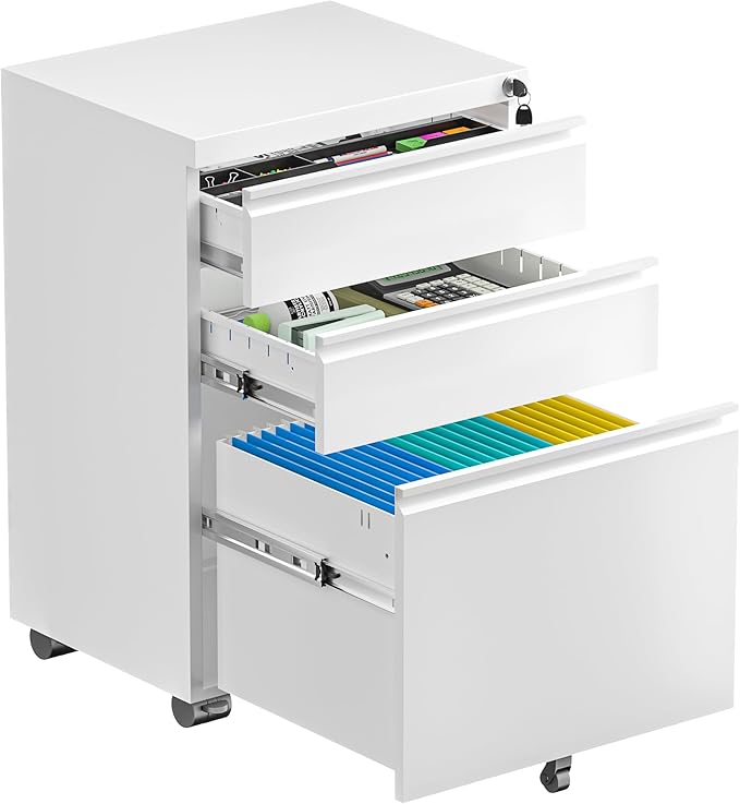 Bonusall 3 Drawer White File Cabinet, Fully Assembled Metal Rolling Filing Cabinet with Lock, Under Desk Drawer Filing Cabinets for Home Office Fit A4/Letter/Legal
