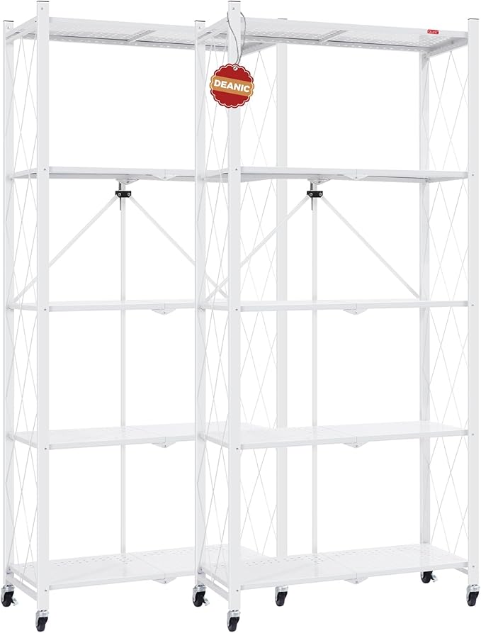 DEANIC 5 Tier Foldable Storage Shelves with Wheels, Large Capacity Shelving Unit, Freestanding Metal Wire Shelf Rack, No Assembly Organizer Rack for Garage Kitchen, Basement, Pantry(White Pack of 2)