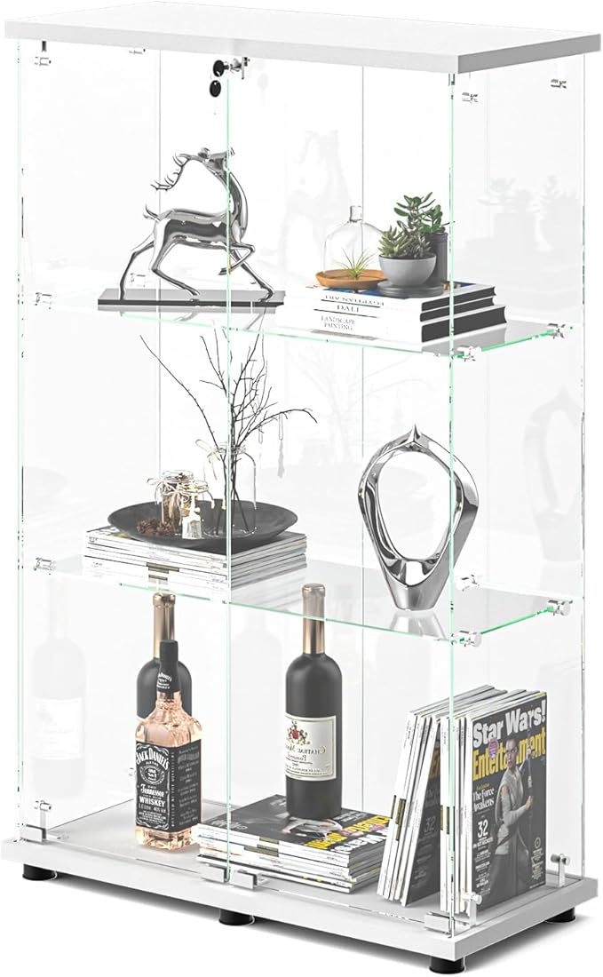 VINGLI Glass Display Cabinet with 3 Shelves, Double Doors and Lock, Floor Standing Curio Cabinets with LED Light, Upgraded Tempered Glass Bookshelf, for Living Room Living Room Bedroom Office, White