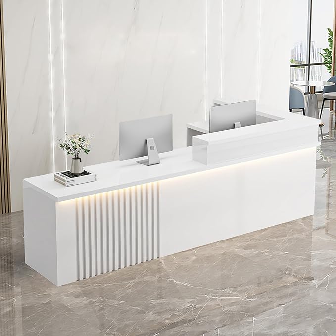 Receptionist Desk with LED Light，Wooden Salon Checkout Counter with Storage Drawer & Keyboard Tray Modern L-Shaped Reception Desk for Barbershop Office Company Store