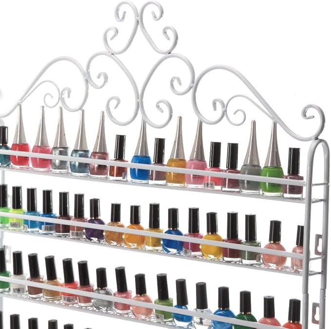 DAZONE Nail Polish Holder - 6 Tier Metal Rack, Wall Mount Organizer Holds 120 Bottles, White Shelf