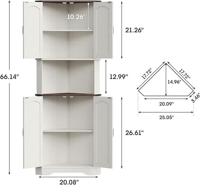 Maupvit Tall Corner Cabinet, Farmhouse Corner Storage Cabinet with 4 Barn Doors and Adjustable Shelves, Storage Pantry Cabinet for Kitchen, Living Room, Laundry Room, White