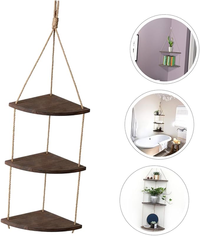 Vintage Fan-Shaped Wall Corner Hanging Shelf with Thick Rope Space-Saving Storage Rack for Plants Crafts Photos Rustic Brown Decorative Organizer for Bedroom Living Office
