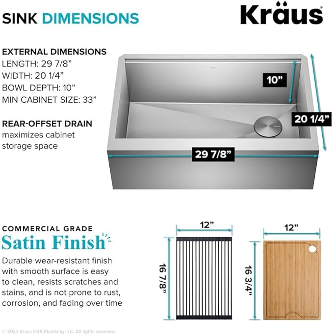 Kraus Kore 30-Inch Rounded Farmhouse Workstation with In Sink Dish Drying Rack, Stainless Steel Kitchen Sink, KWF210-30