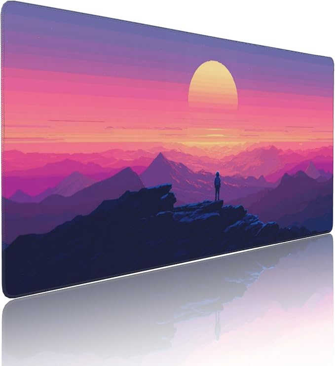 Sunset Mountains Large Mouse Pad, Anime Style Gaming Desk Mat, XXL Keyboard Desk Pad Mat for Desktop, 35.4"x15.7" Non-Slip Base Big Mousepad with Stitched Edges