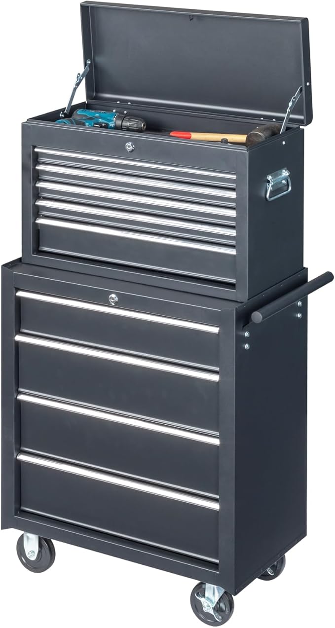 Metal Rolling Tool Box Organizer | Lockable Tool Chest with Wheels | Detachable Top Toolbox with 9 Sliding Drawers | Large Tool Storage Box Organizer for Garage Workshop & Tool Room