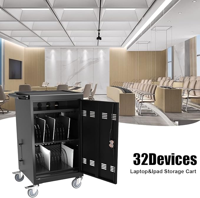 Laptop Charging Cart, 32 Devices Tablet Storage Carts for Ipad up to 16.3" Screen Size, Mobile Charging Station for Classroom, Fast Charging, Security Storage, Easy Use, Black