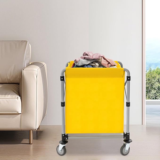 Commercial Laundry Cart with Wheels,Folding Laundry Hamper Cart,Heavy Duty Rolling Laundry Basket with Large Capacity,Laundry Sorter Trolley for Home Hotel Apartment (Yellow, 23.62 * 19.69 * 23.62in)