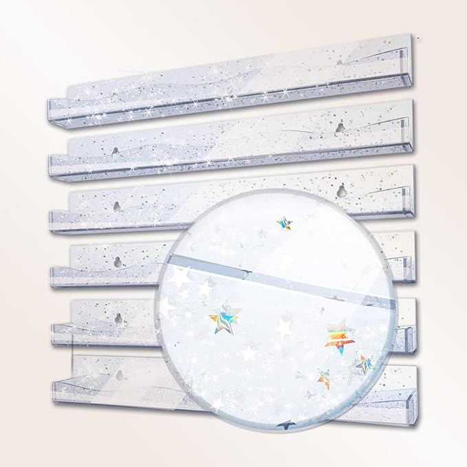 YMVV 15" Nail Polish Rack Wall Mounted Shelf with Iridescent Star Shaped Glitters Sequin Inside,Clear Acrylic Nail Polish Organizer for Nail Techs,Great Display for Salons Retailers（6 Pack）