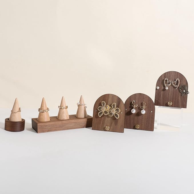 GemeShou 3pcs wooden jewelry earring organizer holder, walnut earring studs stand for boutique store, cute earring display for selling with 6 holes on each【Earring stand-Arch-3pcs】