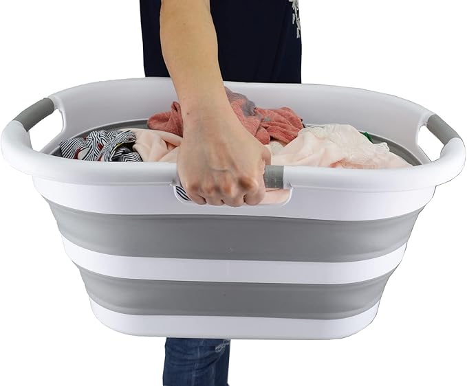 SAMMART 40L (10.5 gallons) Collapsible Plastic Laundry Washing Tub - Foldable Pop Up Laundry Basket/Hamper - Portable Washing Tub - Pop Up Saving (White/Grey)