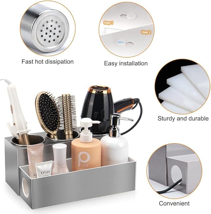 Hair Tool Organizer - Bathroom Vanity Organizers and Storage, Hair Styling Accessories Hot Tools Organizer Hair Dryer, Blow Dryer, Curling Iron, Flat Iron, Hair Straightener, Silver