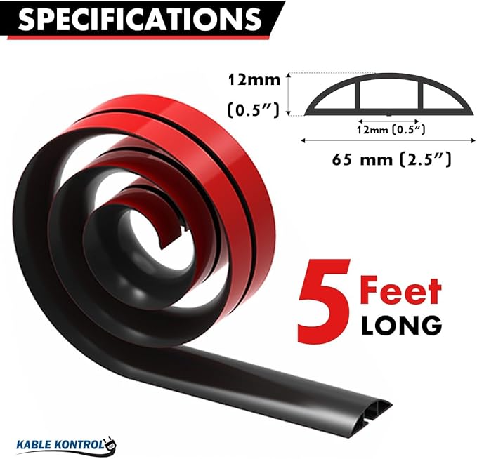 Kable Kontrol Silicone Floor Cord Cover - 5 Ft Flexible Cord Protector, Self Adhesive, for Concealing Extension Cable, Protecting Wires, Prevents Trips – 2.5in W X 0.5in H - 35 Pcs - Black